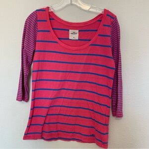Hollister Hot Pink & Blue Striped Scoop Neck Long Sleeve Top